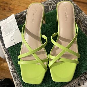 The Drop Lime Green Strappy Square-Toe Slide Heels